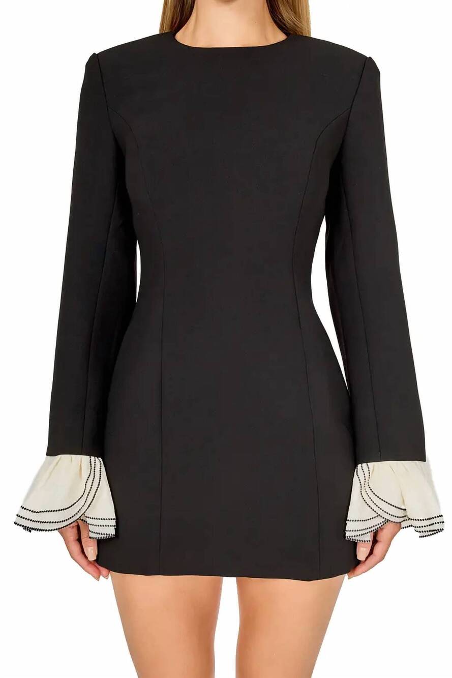 NEW ENDLESS ROSE ruffle detail long sleeve minidress in black